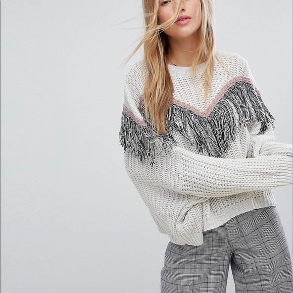 Pull&Bear Fringe Detail Chevron Sweater - Picture 3 of 14